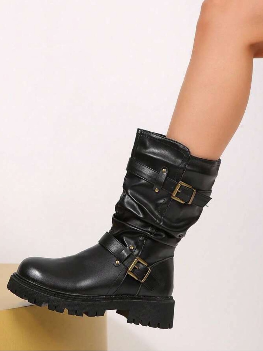 Black Moto Combat Boots Buckle Strap Lug Sole Mid Calf NWOT - Picture 6 of 11